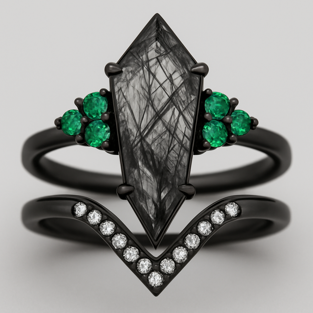 Black band, long kite cut rutilated black quartz upside down, emerald accent stones 3 on each side in a cluster, add a wedding band that curves around main stone with black and white stones