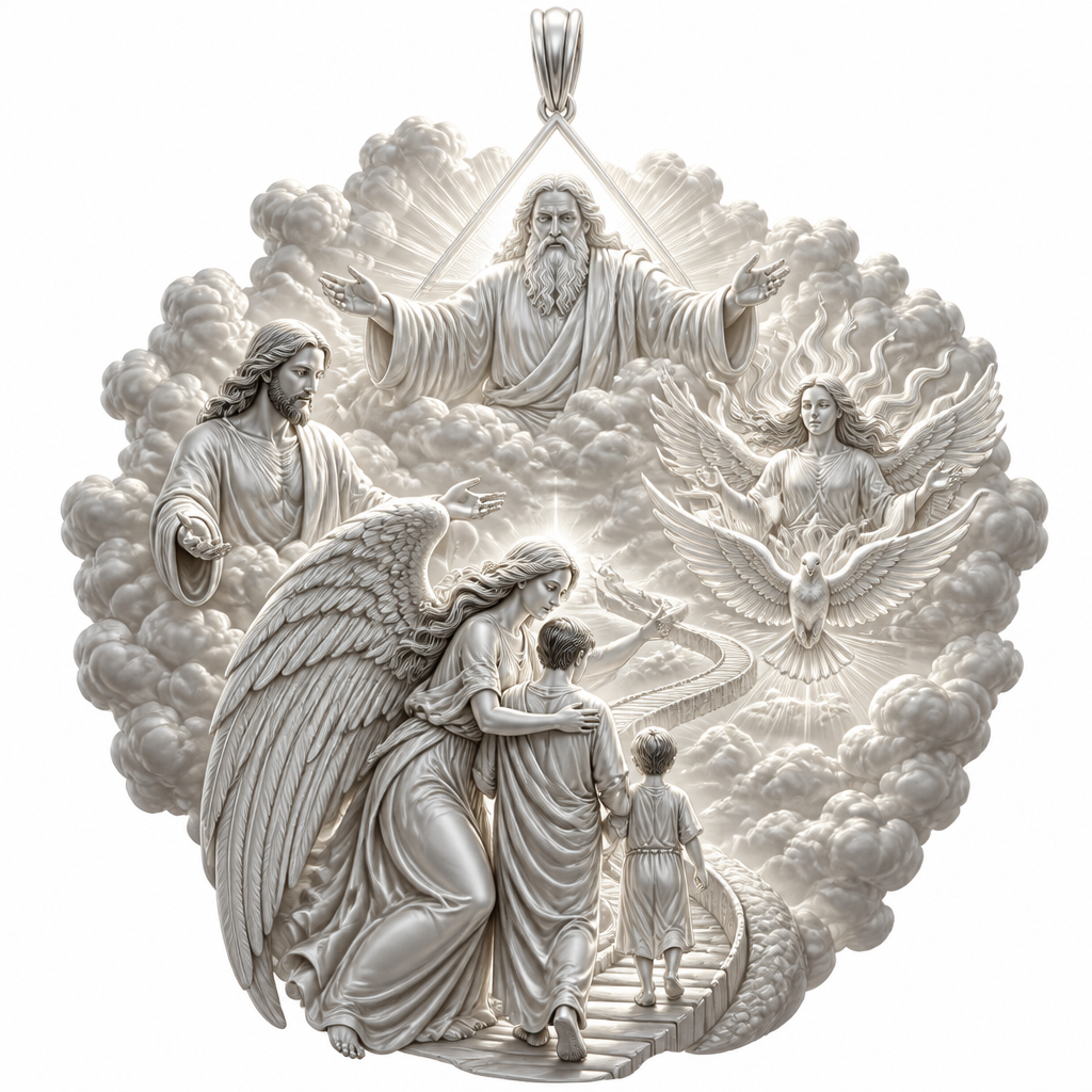 A modern women's pendant made of silver suitable for festival. An extraordinary excellent beautiful delicate and elegant pendant with the Guardian Angel with a beautiful delicate and elegant face, with long hair, with big wings flying, with a beautiful delicate elegant and with beautiful curves at her body, with a beautiful delicate and elegant tunic holding a child and an adult with its hands protecting them and guiding them on the way of the Holy Trinity. Sawing the way of the Holy Trinity in front of them God the Father, God the Son and God the Holy Spirit, the Holy Spirit to be as an Angel with a dove under the Angel surrounded by tongues of fire radiating light to the persons and the Guardian Angel, without the surrounding metals of the pendant. All the persons and the surrounding area to be 3D like statues.