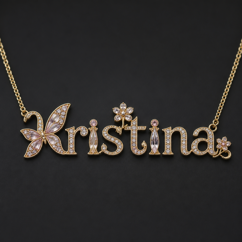 "centered necklace name "kristina" - letter K designed with butterfly k with light colored gemstones and some diamonds, letter T with flower design, letter I with design and letter a with design
photorealistic jewelry design, "centered necklace name "kristina" - letter K designed with butterfly k with light colored gemstones and some diamonds, letter T with flower design, letter I with design and letter a with design , just the design no text