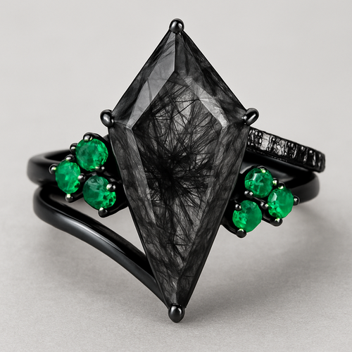 Black band, long kite cut rutilated black quartz, emerald accent stones 3 on each side in a cluster, add a wedding band that curves around the top of the main stone with black and white stones