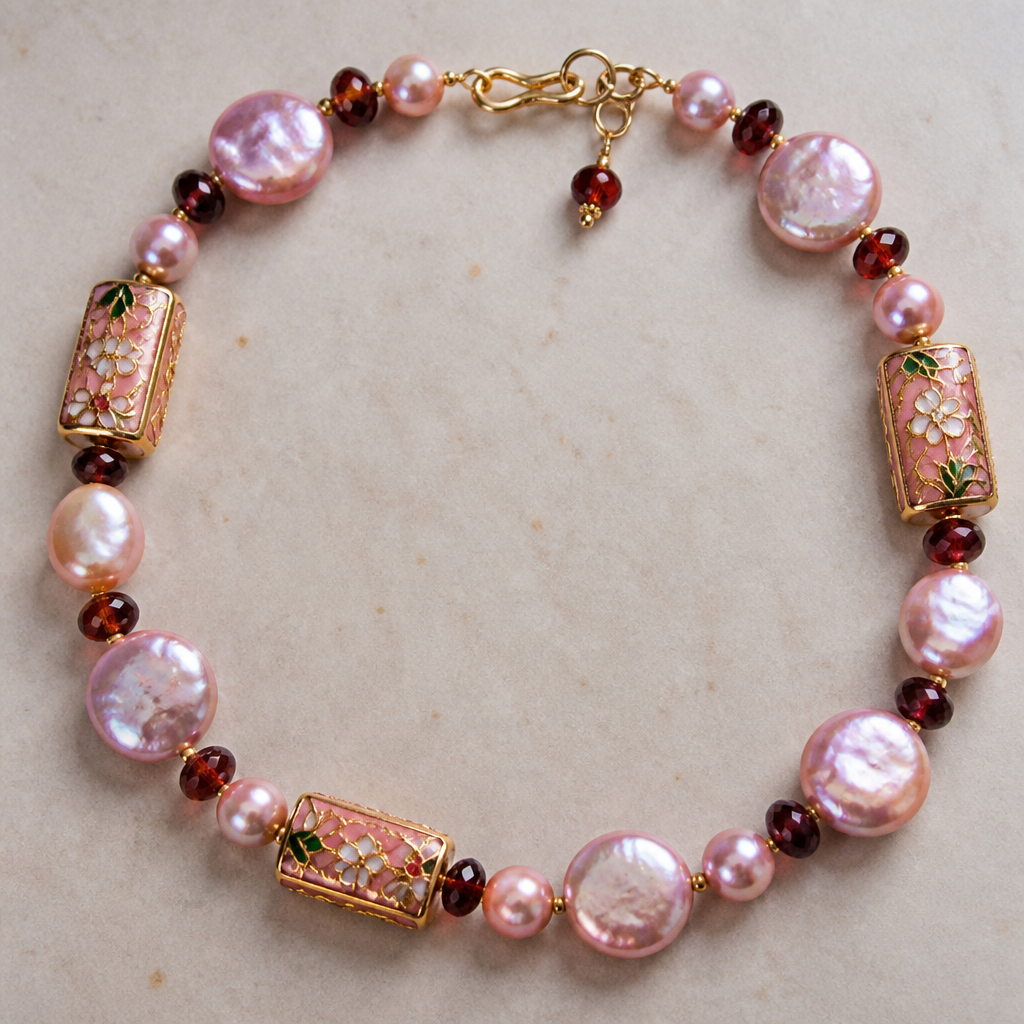 8mm coin pearls pink luster, pink luster round pearls 6mm, garnet spacers 4mm rounds. Gold filigree cloisonné rectangle beads with pick enamel
photorealistic jewelry design, 8mm coin pearls pink luster, pink luster round pearls 6mm, garnet spacers 4mm rounds. Gold filigree cloisonné rectangle beads with pick enamel, nature_inspired style, just the design no text