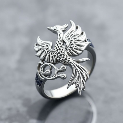 A silver segnit ring with a Celtic phoenix rising from the swirling flames on it 