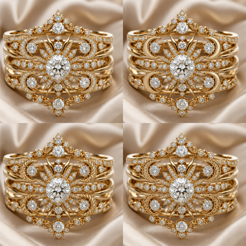 Keep same design, give me different multiple styles of crescent moon
edit the attached jewelry design with these instructions: Keep same design, give me different multiple styles of crescent moon. keep it photorealistic, just the design no text
