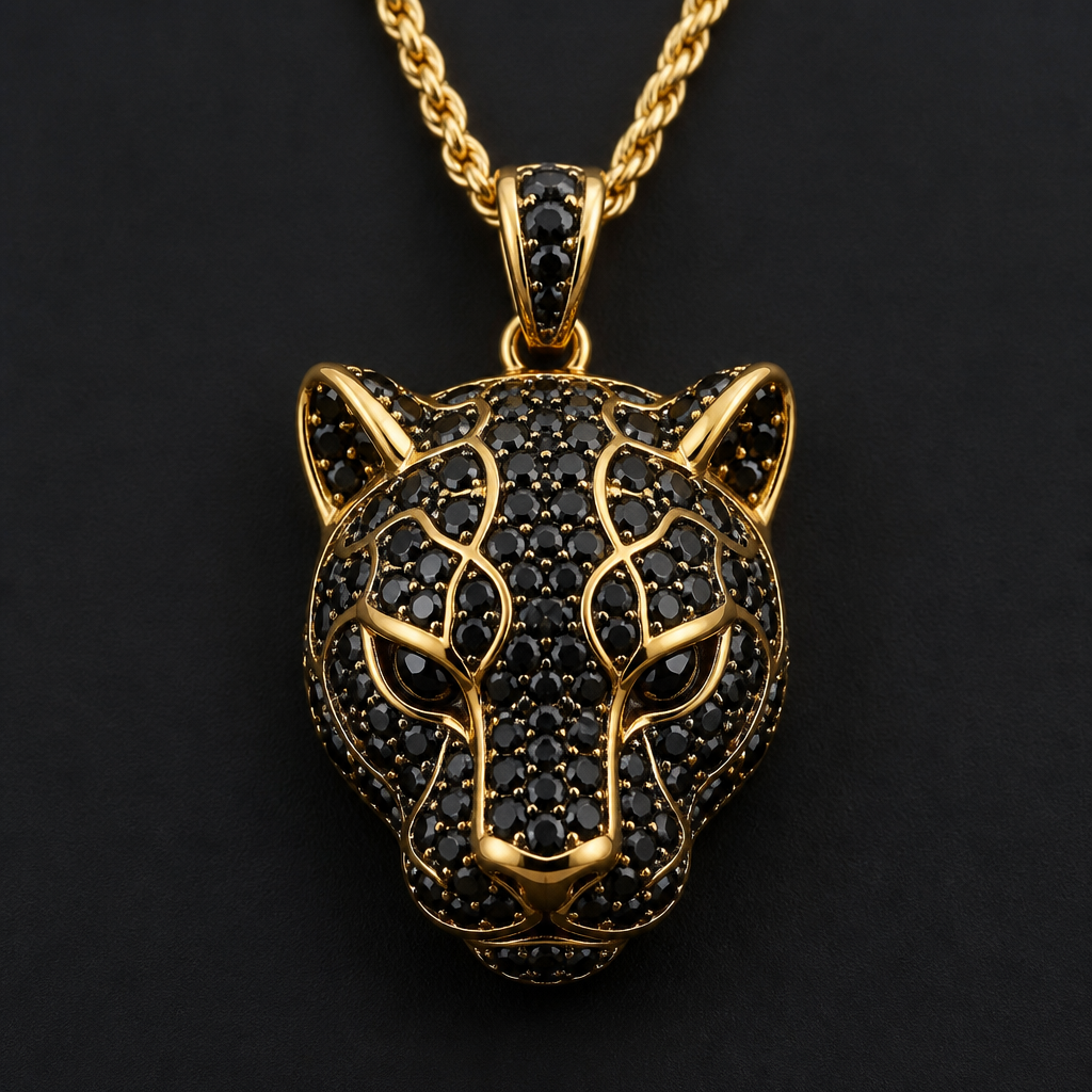 A gold women's pendant made of gold with diamond stones. que sea una pantera negra con diamantes negro
photorealistic jewelry design, A gold women's pendant made of gold with diamond stones. que sea una pantera negra con diamantes negro, gold style, just the design no text