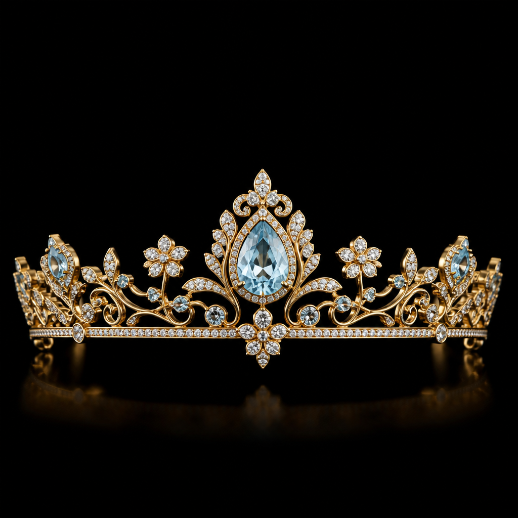 A luxury women's tiara made of gold with aquamarine and diamond stones suitable for daily wear, highly ornate, intricate and elaborate, richly detailed. delicado y sencillo que deslumbre miradas por su elegancia
photorealistic jewelry design, A luxury women's tiara made of gold with aquamarine and diamond stones suitable for daily wear, highly ornate, intricate and elaborate, richly detailed. delicado y sencillo que deslumbre miradas por su elegancia, luxury style, just the design no text