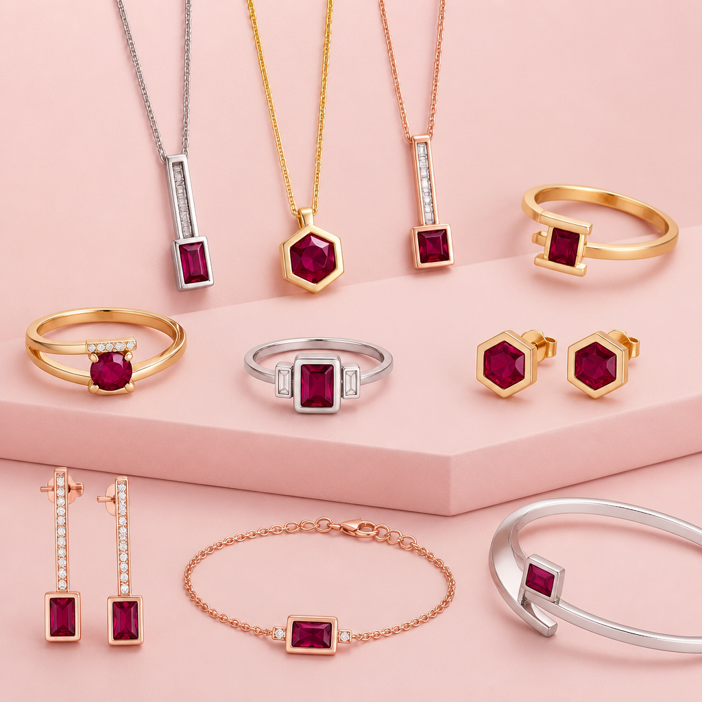 Multiple pieces of Ruby Jewelry in different styles and gold colors (white, yellow and rose gold) including rings, pendants, earrings, bracelets, etc with a blush pink background
Modern jewelry: Modern ruby jewelry, various pieces: rings, pendants, earrings, bracelets. White, yellow, and rose gold. Clean lines, geometric shapes, minimalist design. Blush pink background.