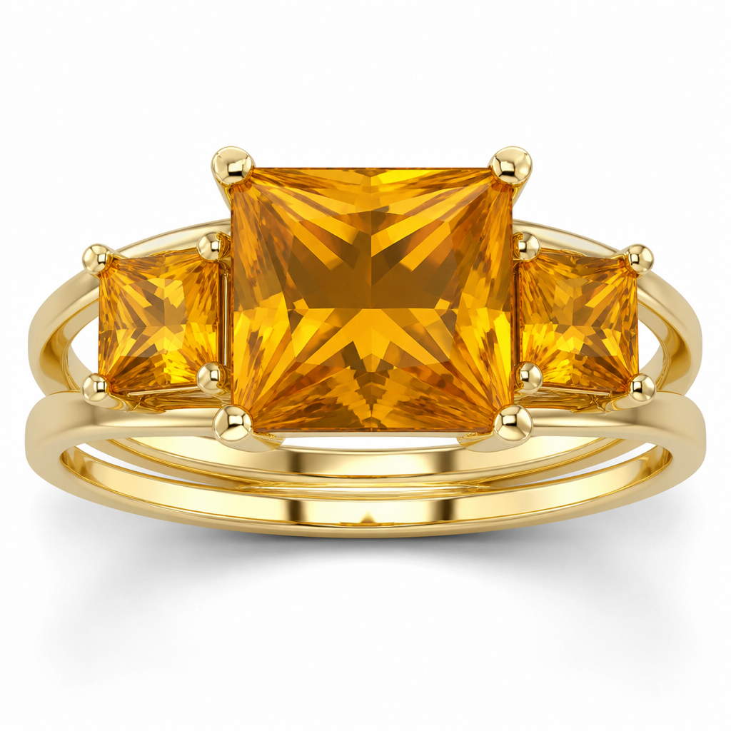 I would like a large princess cut citrine stone in the center of a partial double shank 14k yellow gold size ten ring. On either side of the large stone I want two smaller princess cut citrine stones as accent stones.