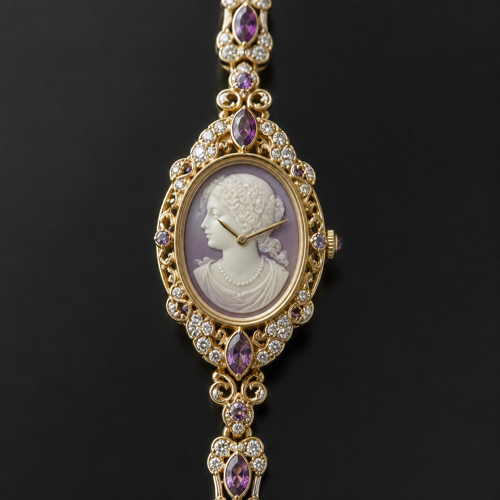 A cameo women's watch made of gold with amethyst and diamond stones suitable for formal, highly ornate, intricate and elaborate, richly detailed. delicado y sencillo
photorealistic jewelry design, A cameo women's watch made of gold with amethyst and diamond stones suitable for formal, highly ornate, intricate and elaborate, richly detailed. delicado y sencillo, cameo style, just the design no text