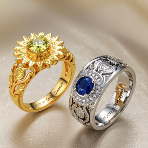 Prompt: A pair of luxury symbolic rings designed in an authentic Persian style, highly detailed and photorealistic. 	•	Women’s ring (gold): • Centerpiece: a brilliant yellow diamond set inside a sun mandala with exactly 15 rays. • On both sides of the band: elegant cypress motifs (symbol of loyalty and patience). • A fully open lotus flower motif, sculpted in high relief. • Inner band engraved with the Persian calligraphy: “این جهان با تو خوش است و آن جهان با تو خوش است”. • Finish: matte/brushed gold with antique texture, luxury jewelry photography lighting. 	•	Men’s ring (platinum): • Centerpiece: a round deep blue sapphire, surrounded by a crescent moon embracing the stone. • On both sides of the band: a symbolic dove motif, stylized and semi-abstract (not too obvious, inspired by Persian/Sassanid minimal motifs). • A closed lotus bud motif below the dove. • Inner band engraved with Persian calligraphy: “این جهان بی من مباش و آن جهان بی من مرو”. • Finish: matte/brushed platinum with luxury craftsmanship details. 	•	Overall style: • Intricate yet symbolic, minimalist Persian luxury jewelry (similar to Nishan-e-Sorkhdar style). • High-end studio shot, shallow depth of field, dramatic soft light. • Hyper-realistic render emphasizing metal texture, gemstone brilliance, and engraved calligraphy.  Keywords for style: Luxury jewelry, Persian symbolism, authentic, minimal yet meaningful, photorealistic, cinematic lighting, premium craftsmanship.