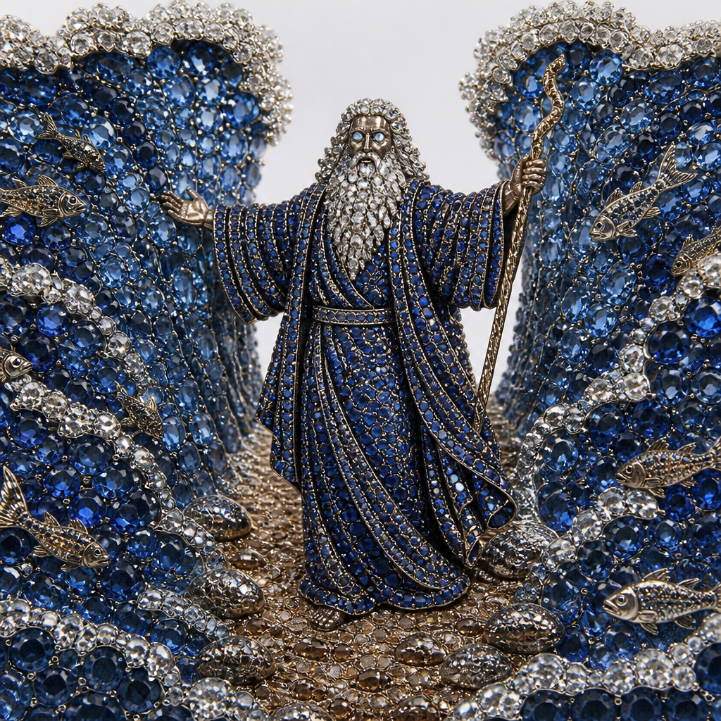 Moses splitting the sea the sea in blue sapphires with fish in the ocean as well and Moses has diamond for eyes and diamonds in his beard
photorealistic jewelry design, Moses splitting the sea the sea in blue sapphires with fish in the ocean as well and Moses has diamond for eyes and diamonds in his beard , just the design no text