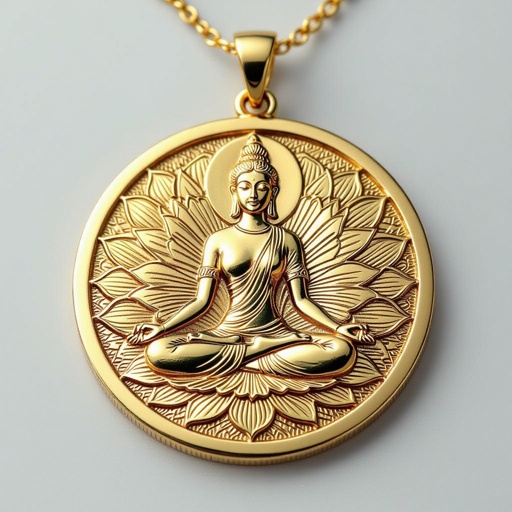 Золотой кулон в виде неровного круга в круге выгравирована женщина с длинными волосами в позе лотоса