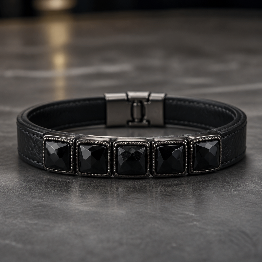 Men’s bracelet with leather with gemstone.
Leather 17 mm hi
5 gems square form. Black obsidian., black Onyx tektite
photorealistic jewelry design, Men’s bracelet with leather with gemstone.
Leather 17 mm hi
5 gems square form. Black obsidian., black Onyx tektite , vintage style, just the design no text
