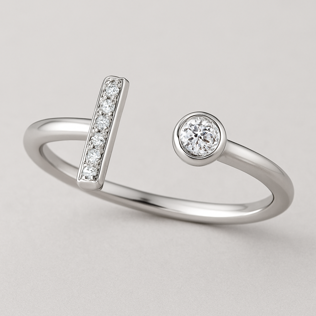 Disconnected pave t bar ring with diamond on one side