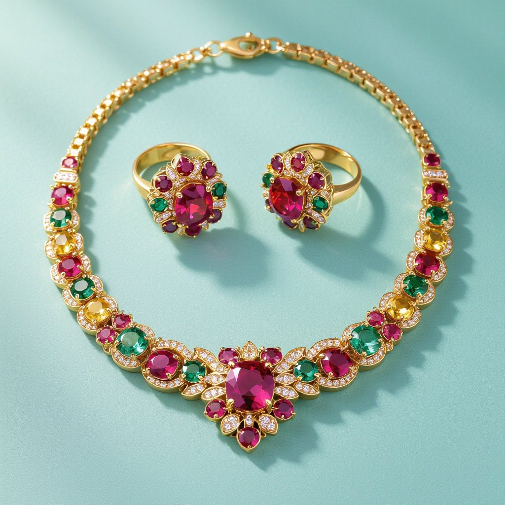Necklace and ring and earring with luxury colorful jewel with gold