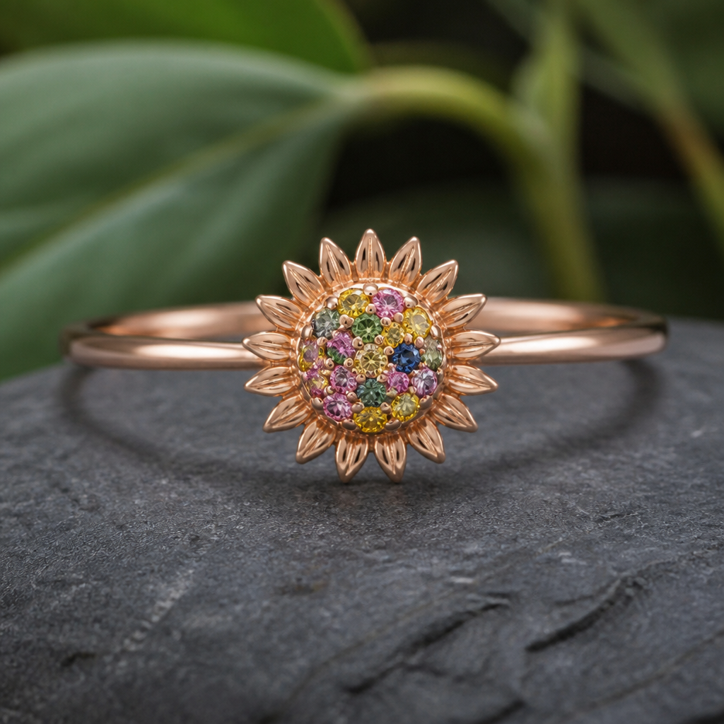 Sunflower and colorful diamonds in middle with thin rose gold band.
photorealistic jewelry design, Sunflower and colorful diamonds in middle with thin rose gold band. , nature_inspired style, just the design no text