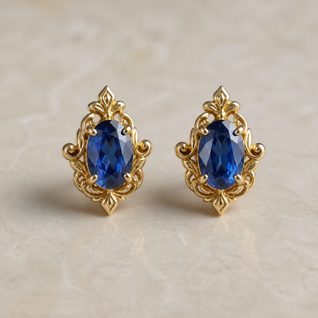 A vintage women's earrings made of gold with sapphire stones suitable for daily wear, highly ornate, intricate and elaborate, richly detailed. delicado y sencillo pero que los aretes sean cortos
photorealistic jewelry design, A vintage women's earrings made of gold with sapphire stones suitable for daily wear, highly ornate, intricate and elaborate, richly detailed. delicado y sencillo pero que los aretes sean cortos, vintage style, just the design no text