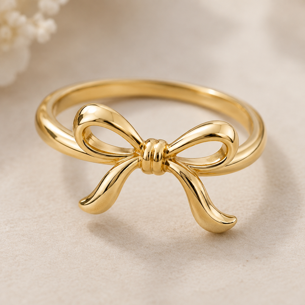 A minimalist women's ring made of gold suitable for gift, highly ornate, intricate and elaborate, richly detailed. ring with the aesthetic ribbon design and the ribbon is tilting to right a little bit.
the ring goes around the ribbon not under the ribbon.
the ribbon is tied like a single knot.
the ribbon has two same size loops.
the ribbon is rounded design not flat.
both of the ribbon tails is a little bit bendy one to the right and the other to the left.
the ribbon is design is supposed to be wrap around the finger not emerge
photorealistic jewelry design, A minimalist women's ring made of gold suitable for gift, highly ornate, intricate and elaborate, richly detailed. ring with the aesthetic ribbon design and the ribbon is tilting to right a little bit.
the ring goes around the ribbon not under the ribbon.
the ribbon is tied like a single knot.
the ribbon has two same size loops.
the ribbon is rounded design not flat.
both of the ribbon tails is a little bit bendy one to the right and the other to the left.
the ribbon is design is supposed to be wrap around the finger not emerge, minimalist style, just the design no text