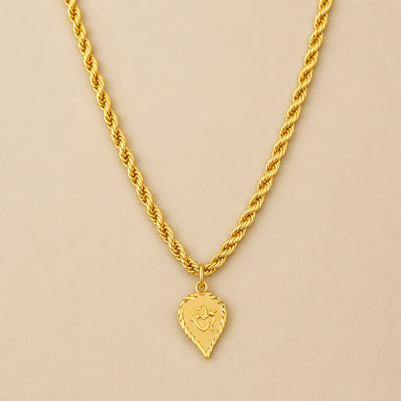 A women's necklace made of gold. gold
using the attached image as a visual reference, create A women's necklace made of gold. gold. photorealistic, just the design no text