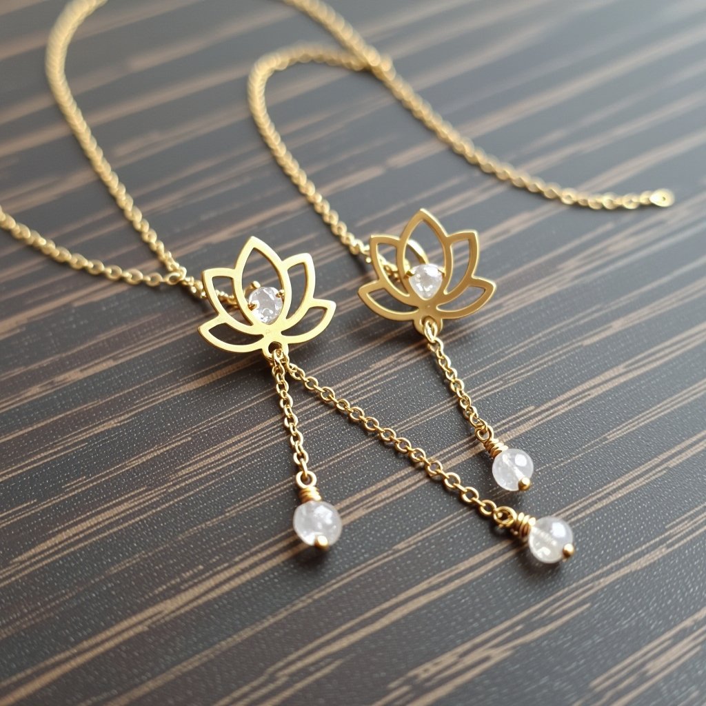 Серьги золото изящный маленький плоский лотос с необработанным маленьким хрусталем в центре, от лотоса идет золотая цепочка вниз с еще одним маленьким камушком хрусталя