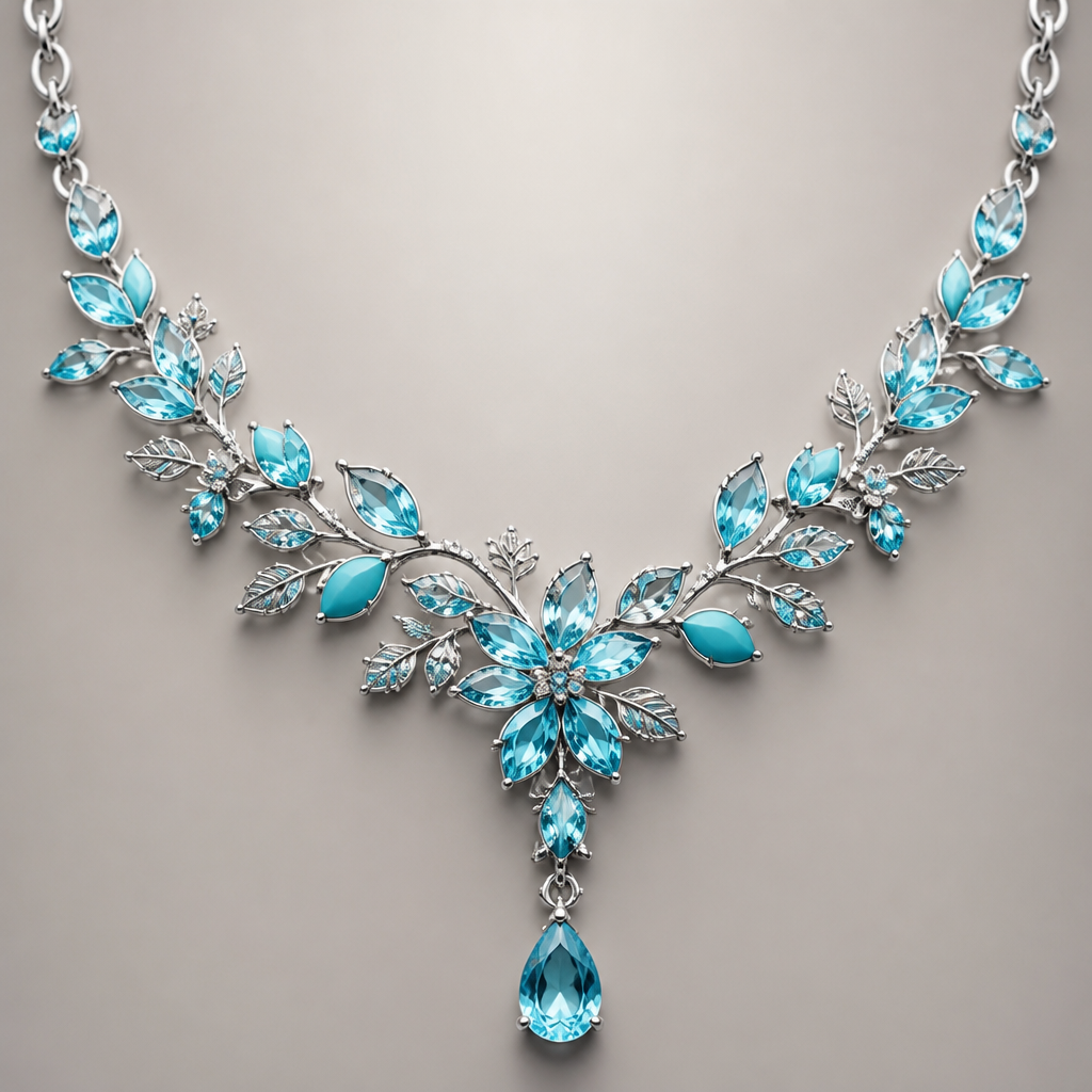 A nature women's necklace made of white gold with topaz and turquoise stones suitable for wedding, detailed and decorative, moderately ornate
photorealistic jewelry design, A nature women's necklace made of white gold with topaz and turquoise stones suitable for wedding, detailed and decorative, moderately ornate, nature_inspired style, just the design no text