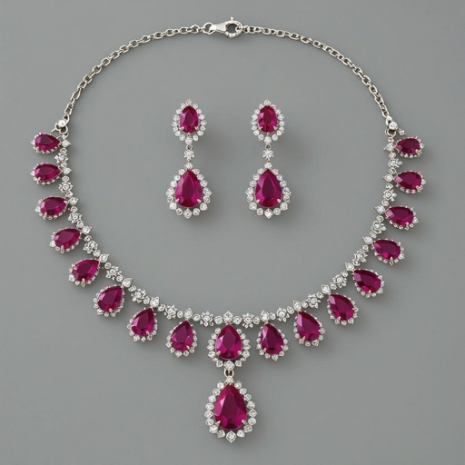 Colorful spinal luxury necklace long pear drop style and luxury earring set Platinum necklace, ruby pear drops, diamond accents, prong setting. Matching platinum earrings, ruby pear drops, diamond accents, prong setting.