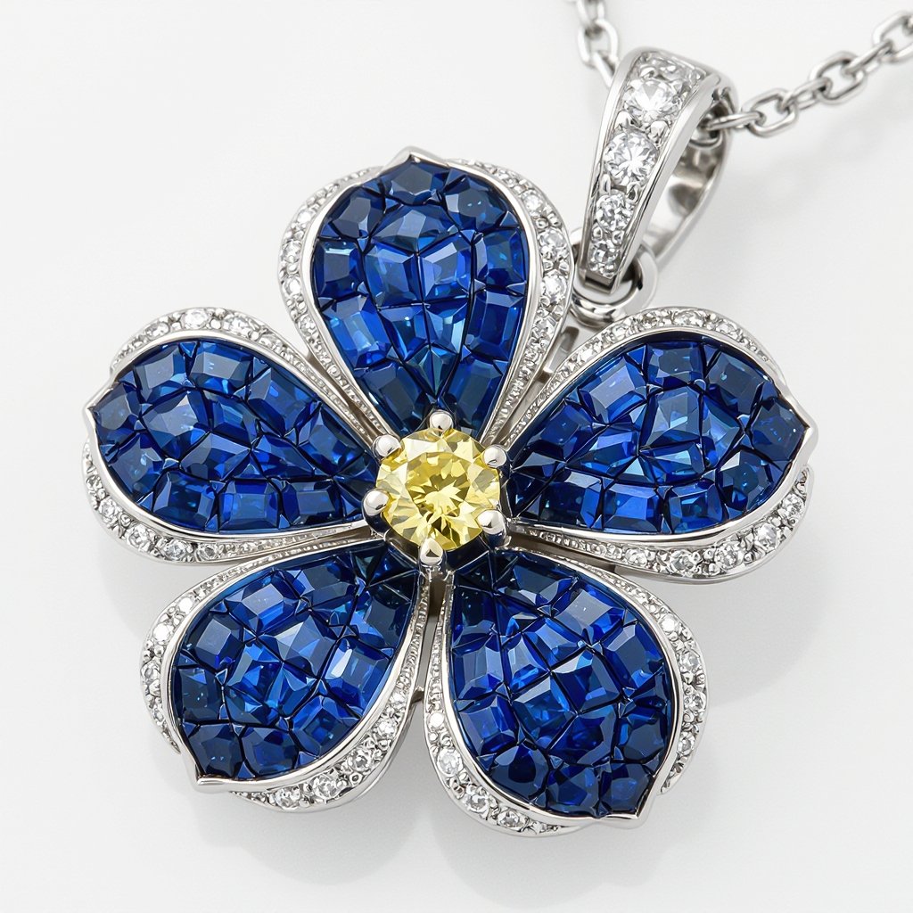 Create a forget me not flower pendant.  The petals are formed using paved light blue sapphires.  The center stone is 1 yellow diamonds 