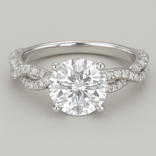 3 carat round solitaire with side diamonds and twisted pave band 