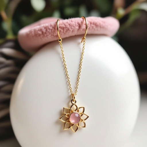 Серьги небольшие кольца, подвеска в виде золотого лотоса шестью лепестками с маленьким розовым кварцем по центру