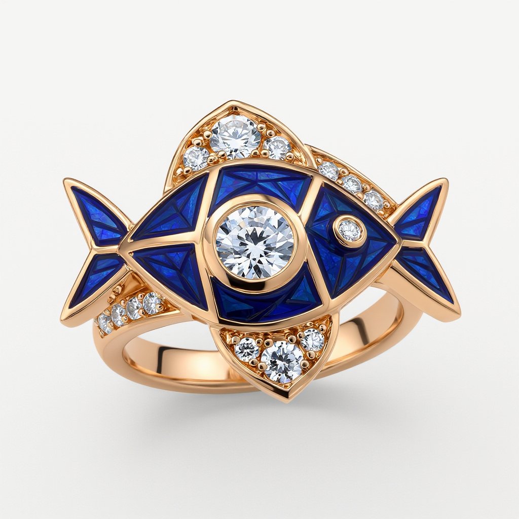 Pendant of different colors Geomatric edge of diamonds shaded of fish element in water background and vibes Rose gold ring, geometric diamonds, bezel set. Fish motif, blue enamel.