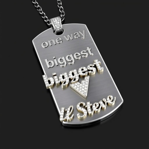 Create a iced out Dog tag pendant with the word “one way” at the top and “lil Steve” at the bottom “biggest V” in the middle