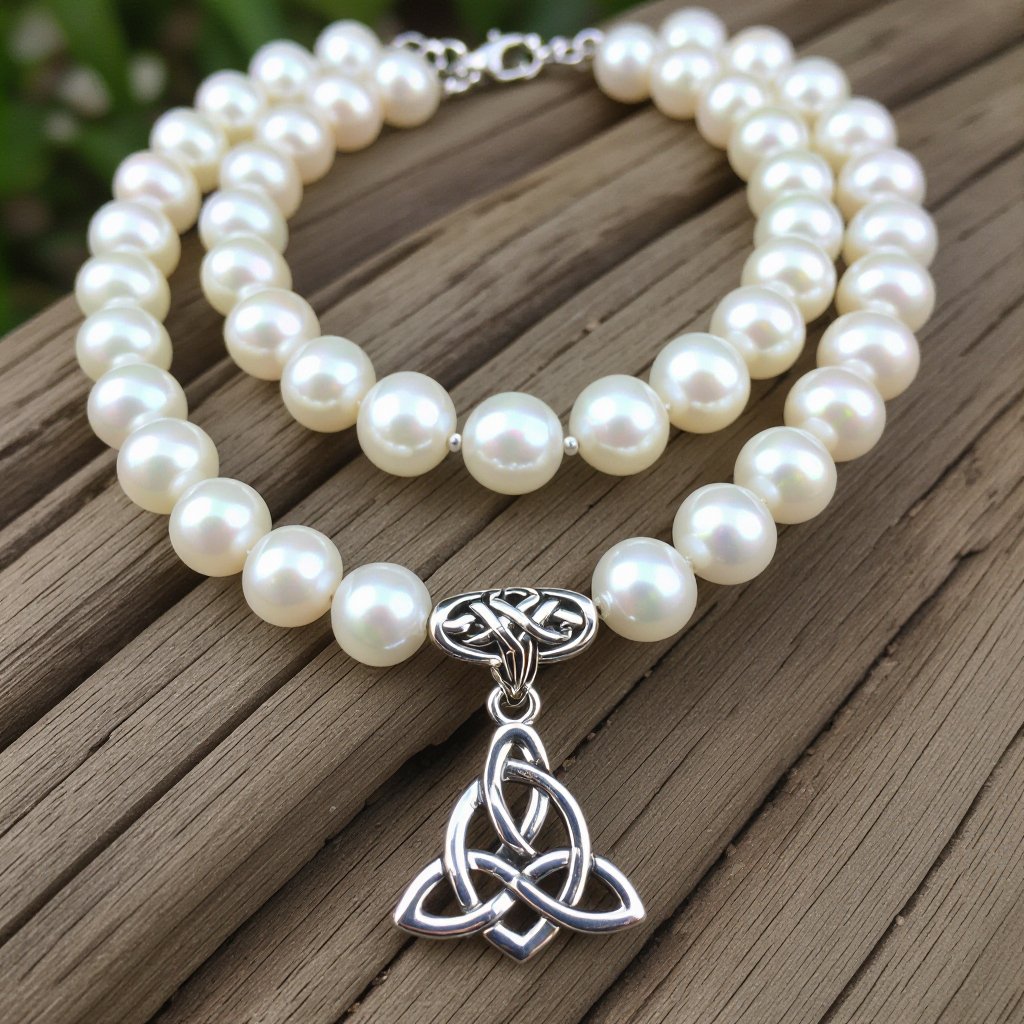 A freshwater sea Pearl Necklace with Celtic knot designs 