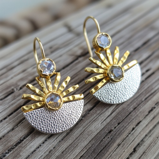 Золотые серьги полукруг половинка горящего солнца мятое неровное золото лучи волнистые другая половинка круга серебряная 