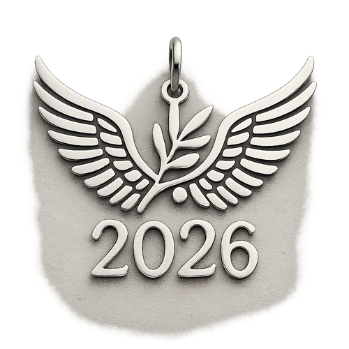Silver cut-out charm only with  two spread out bird wings, an olive branch and  along year 2026