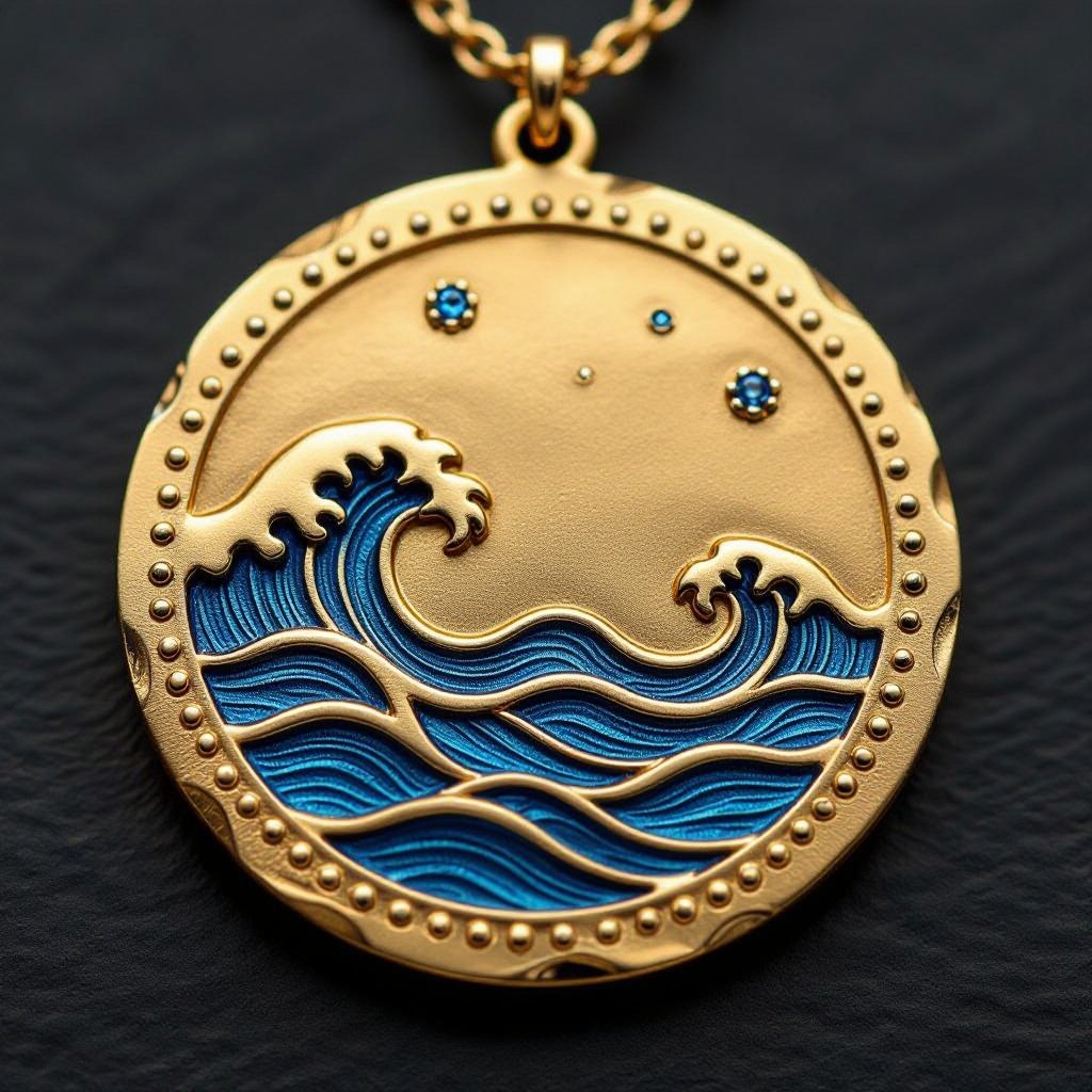 Золотой матовый медальон в форме неровного круга с неровными краями. По краям выпуклые точки сплошной линией. На круге разные волнистые узоры словно волны. Три миниатюрных голубых камушка хаотично расположены в круге