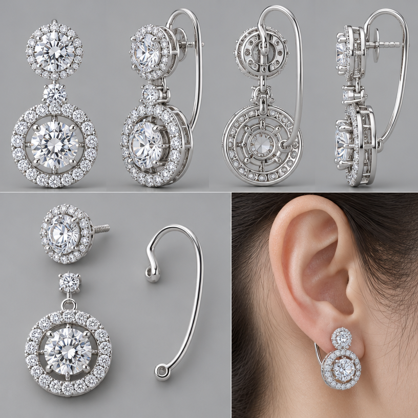 A women's earrings, highly ornate, intricate and elaborate, richly detailed. ตามแบบที่แนบไป สามารถถอดออกเป็นชิ้นๆ ได้, 4 view,เป็นตุ้งติ้งอ้อมหลังหู
using the attached image as a visual reference, create A women's earrings, highly ornate, intricate and elaborate, richly detailed. ตามแบบที่แนบไป สามารถถอดออกเป็นชิ้นๆ ได้, 4 view,เป็นตุ้งติ้งอ้อมหลังหู. photorealistic, just the design no text