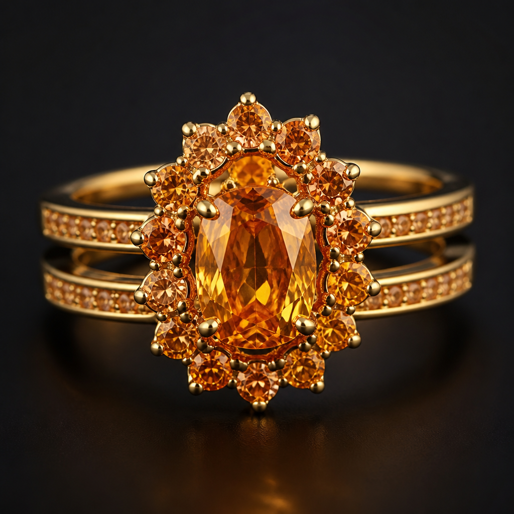 Orange diamonds with double gold bands
photorealistic jewelry design, Orange diamonds with double gold bands, estate style, just the design no text