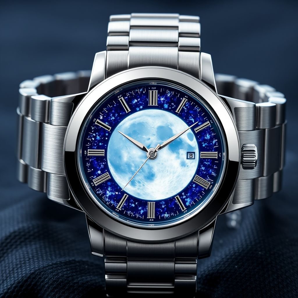 Create a male watch Dial: Lunar Dust mixed into transparent resin creating a subtle glow akin to the moon's surface. Case: Crafted from Platinum, offering a rich, cool tone that enhances the luxurious feel of the watch. Crystal: Blue Sapphire Crystal – known for its superior durability, adding both elegance and functionality. Movement: Automatic movement, featuring a precision-engineered rotor, with visible components on the back for added depth. Strap: Platinum Link Strap, meticulously crafted to match the case, with a slightly brushed finish for a modern, sophisticated look.
Design a luxury men’s watch that embodies celestial elegance. The dial, a luminous blend of Lunar Dust in translucent resin, simulates a glowing moon surface. The platinum case radiates opulence, while the blue sapphire crystal enhances sophistication. Finished with a meticulously brushed platinum link strap, this timepiece is an exquisite statement of luxury.