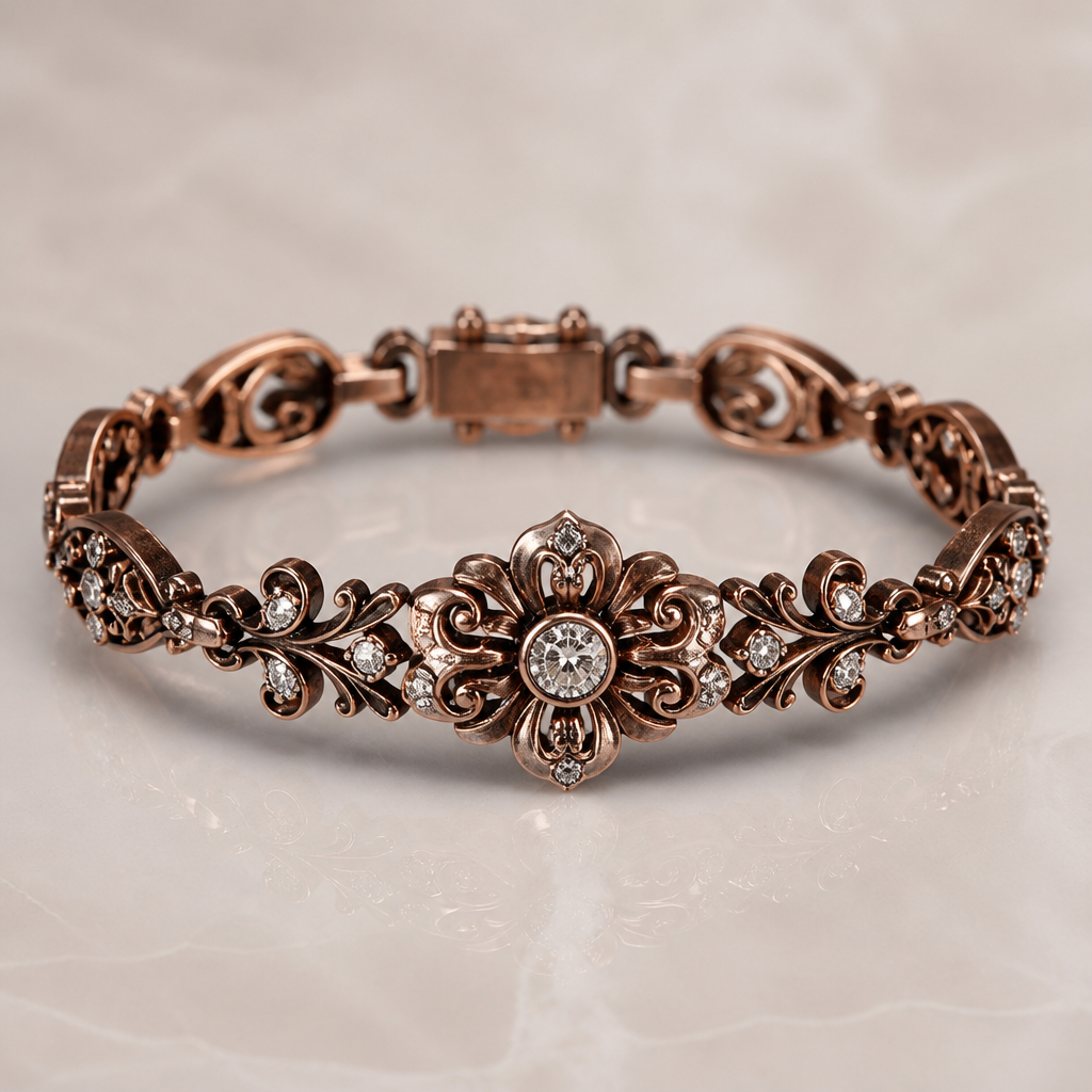 A victorian women's bracelet made of copper with diamond stones suitable for daily wear
photorealistic jewelry design, A victorian women's bracelet made of copper with diamond stones suitable for daily wear, victorian style, just the design no text