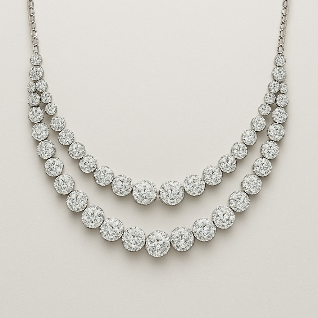 Double triple row necklace with 56 multiple size round diamonds half way around 