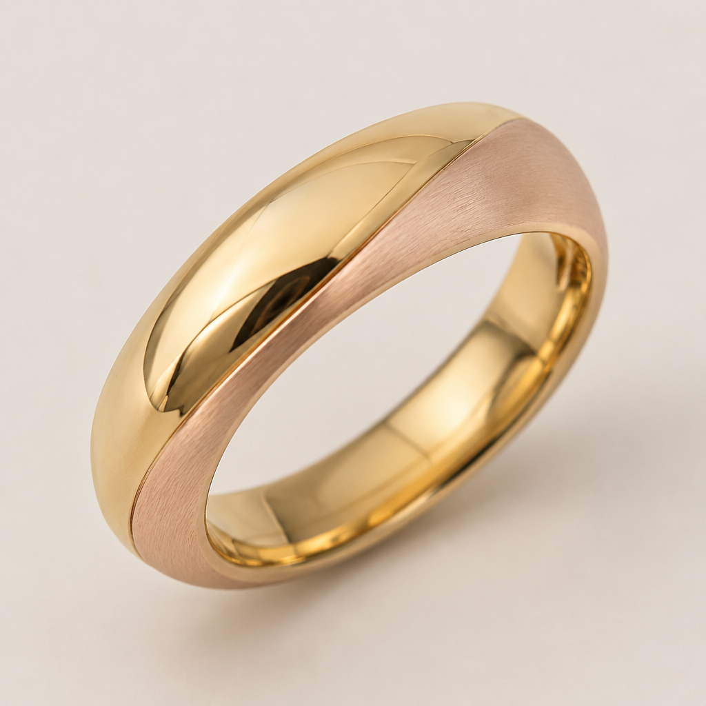 A women's ring. delicada aliança abaulada com 70% em ouro amarelo brilhante e 30% em ouro rosé fosco
photorealistic jewelry design, A women's ring. delicada aliança abaulada com 70% em ouro amarelo brilhante e 30% em ouro rosé fosco, modern style, just the design no text