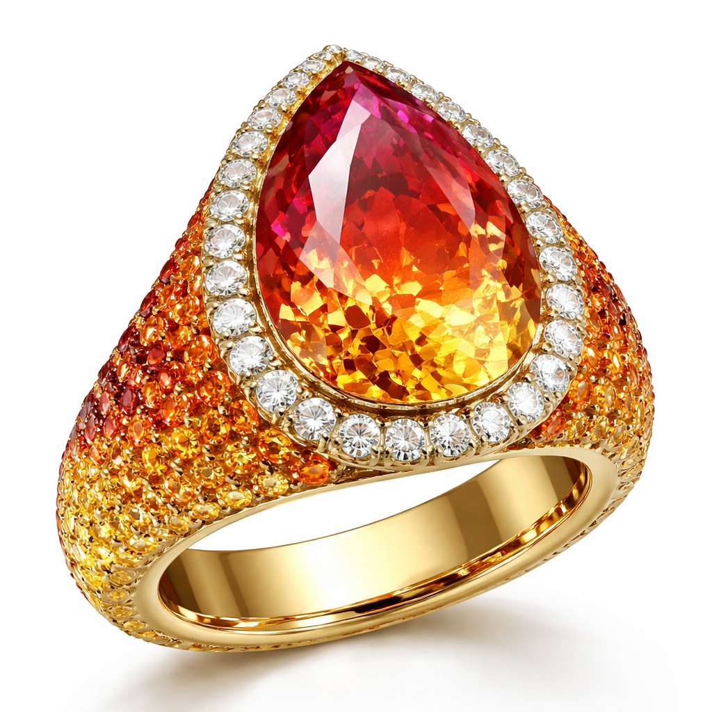 See attached stone. It is called a Sunset tourmaline pear shaped. Create a Chevaliere ring size 54. Start band at the bottom with yellow stones, gradually change color to orange and then brick colors to reach Tourmaline on top. ,