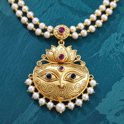 Кулон на длинной цепочке. Матовое светлое золото. В цепочке небольшие золотые шарики и жемчуг. Кулон в виде двух глаз над ними лотос с маленьким красным камнем внутри узоры завитушки 