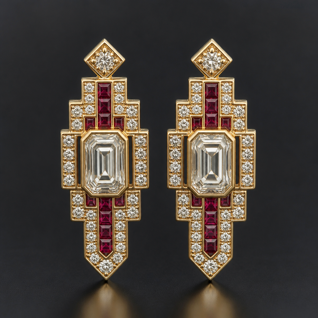 A art deco women's earrings made of gold with diamond and ruby stones suitable for engagement
photorealistic jewelry design, A art deco women's earrings made of gold with diamond and ruby stones suitable for engagement, art_deco style, just the design no text