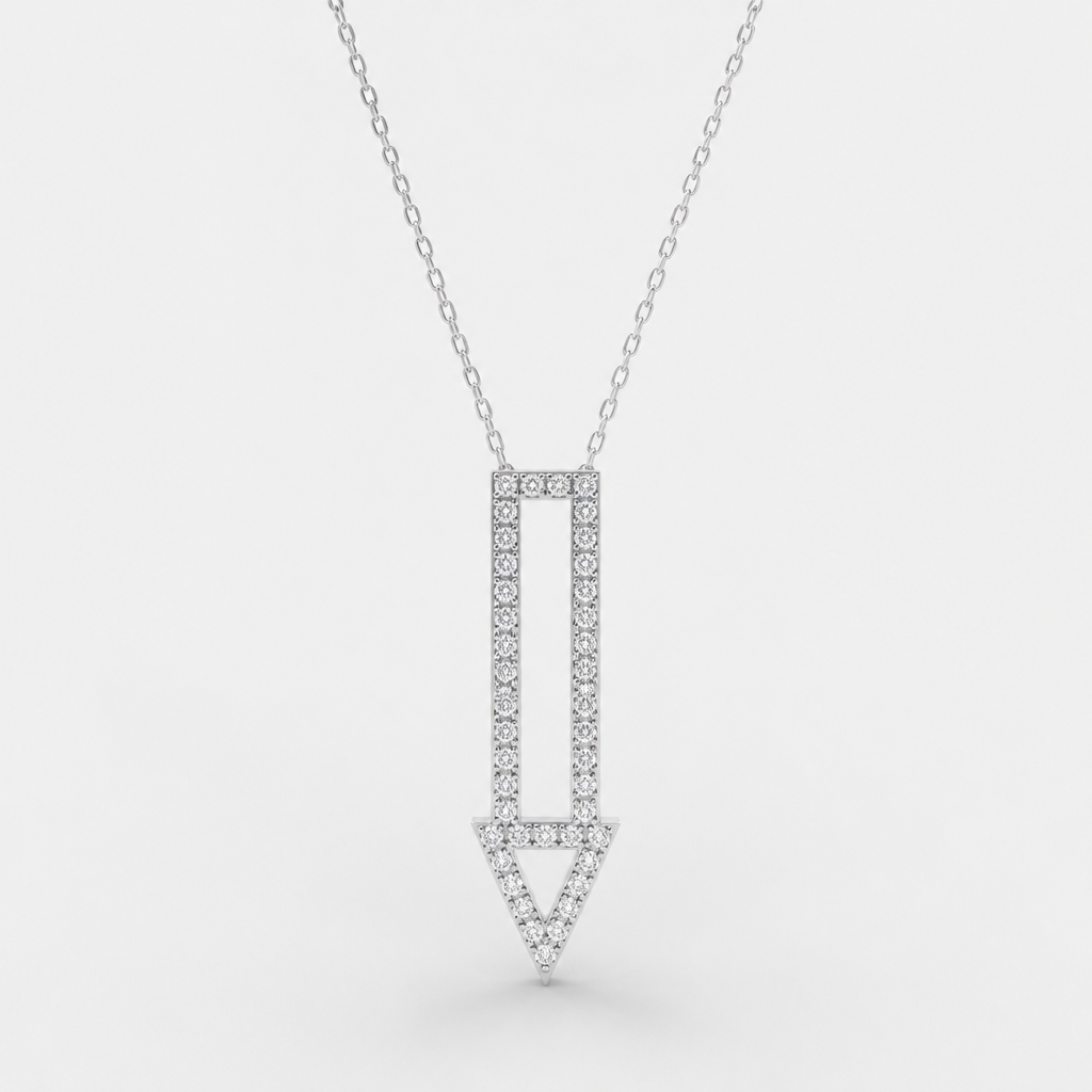 A women's necklace made of silver. Flèche moderne, rectangle avec triangle vide en line fine remplit de diamand, qui pointe vers le bas
photorealistic jewelry design, A women's necklace made of silver. Flèche moderne, rectangle avec triangle vide en line fine remplit de diamand, qui pointe vers le bas, modern style, just the design no text