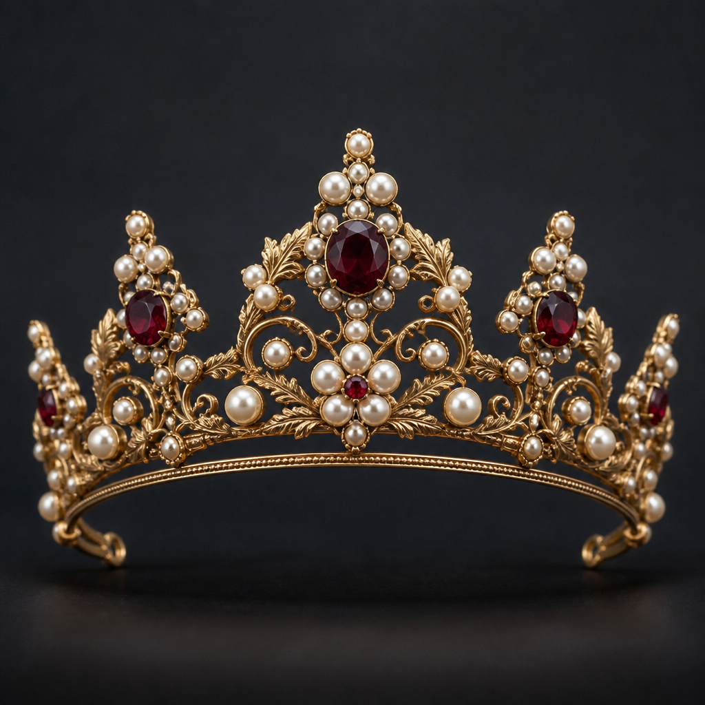 A vintage women's tiara made of gold with pearl and garnet stones suitable for formal, highly ornate, intricate and elaborate, richly detailed. delicado y sencillo
photorealistic jewelry design, A vintage women's tiara made of gold with pearl and garnet stones suitable for formal, highly ornate, intricate and elaborate, richly detailed. delicado y sencillo, vintage style, just the design no text