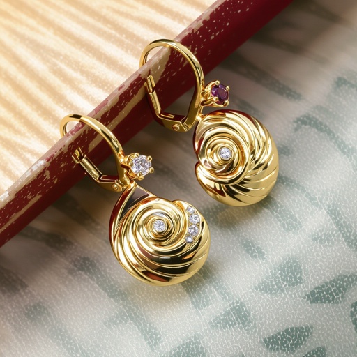 Золотые серьги в виде золотой спиральной ракушки украшенной тремя маленькими камнями 