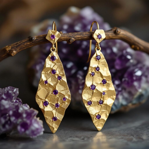 Серьги длинные на цепочках матовое золото мятое. Символ схематично созвездие. Маленькие фиолетовые камушки