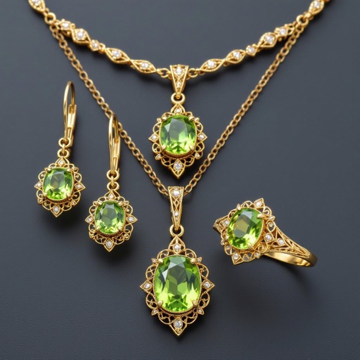 Modern peridot earring and necklace and ring  jewelry design with gold