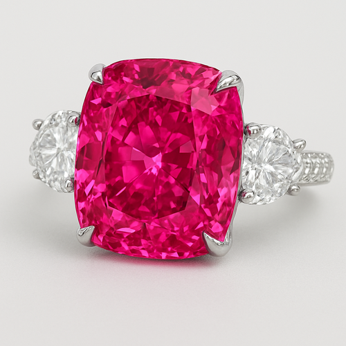 I have a vivid pink cushion diamond 10.07ct dimensions are 14.11x10.84x7.32 I want to make it a ring with paveè and 2 heart shaped white diamonds as side stones 