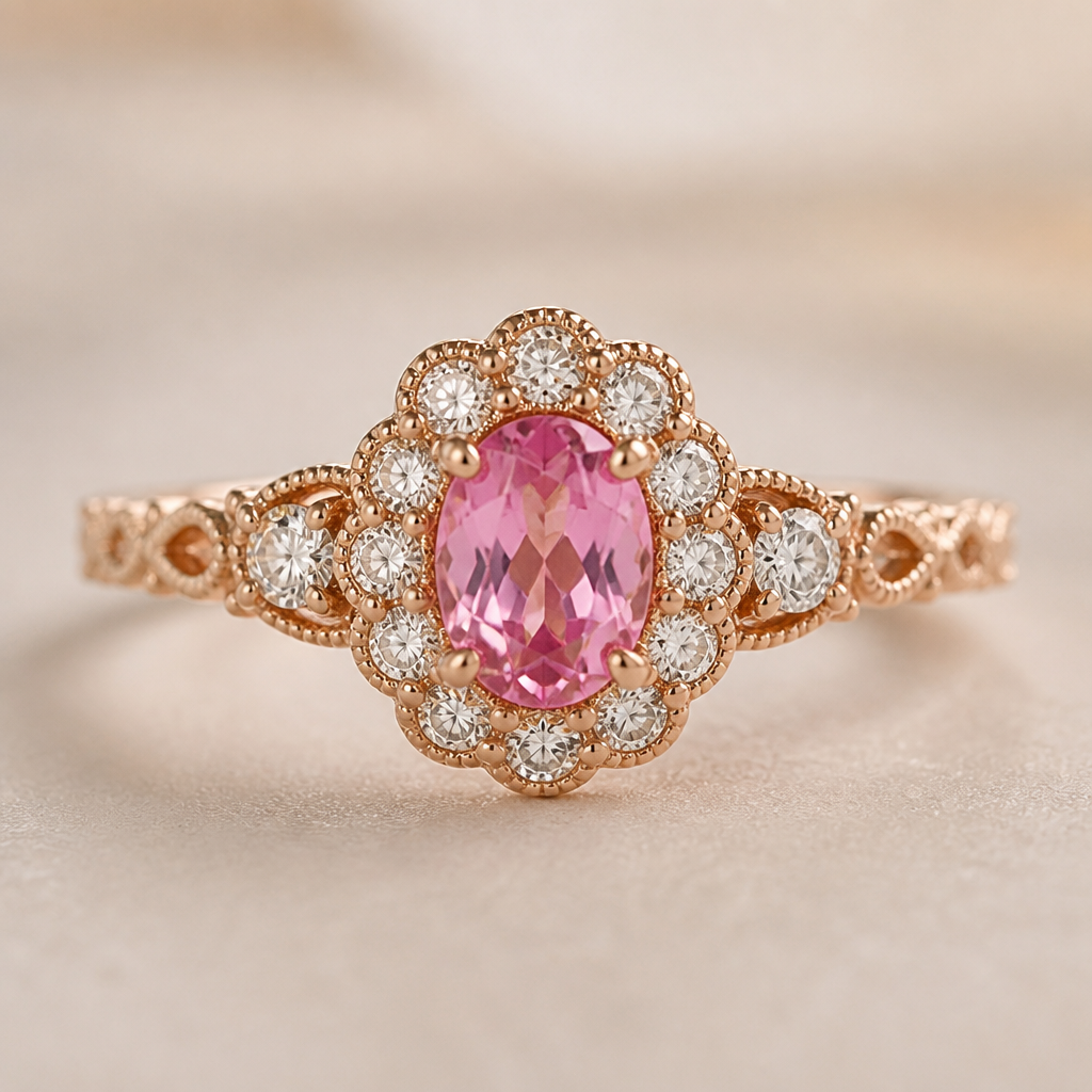 A vintage women's ring made of rose gold with diamond and sapphire stones suitable for birthday. Allora ho pensato a un anello con Zaffiro rosa e diamanti che sia sulla scia vintage. tutto montato su oro rosa
photorealistic jewelry design, A vintage women's ring made of rose gold with diamond and sapphire stones suitable for birthday. Allora ho pensato a un anello con Zaffiro rosa e diamanti che sia sulla scia vintage. tutto montato su oro rosa, vintage style, just the design no text